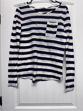 LOFT Black Striped Knit Top with Crew Neck